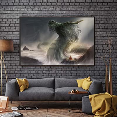 large black dragon rising out of the sea on canvas over a couch