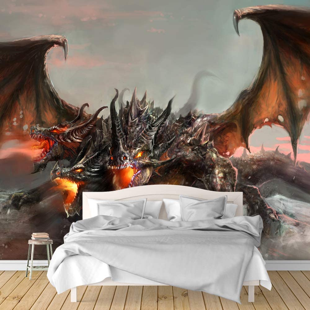 Three headed dragon room decor mural behind a bed