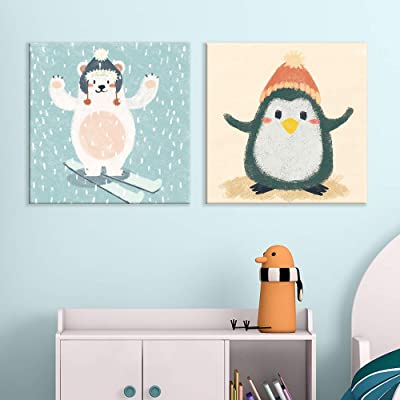 penguins skiing in kids canvas art