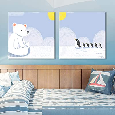 showing a giant white bear and penguins in canvas art