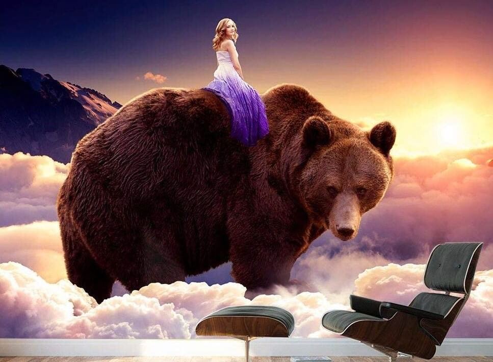 showing a woman riding a giant bear through the clouds