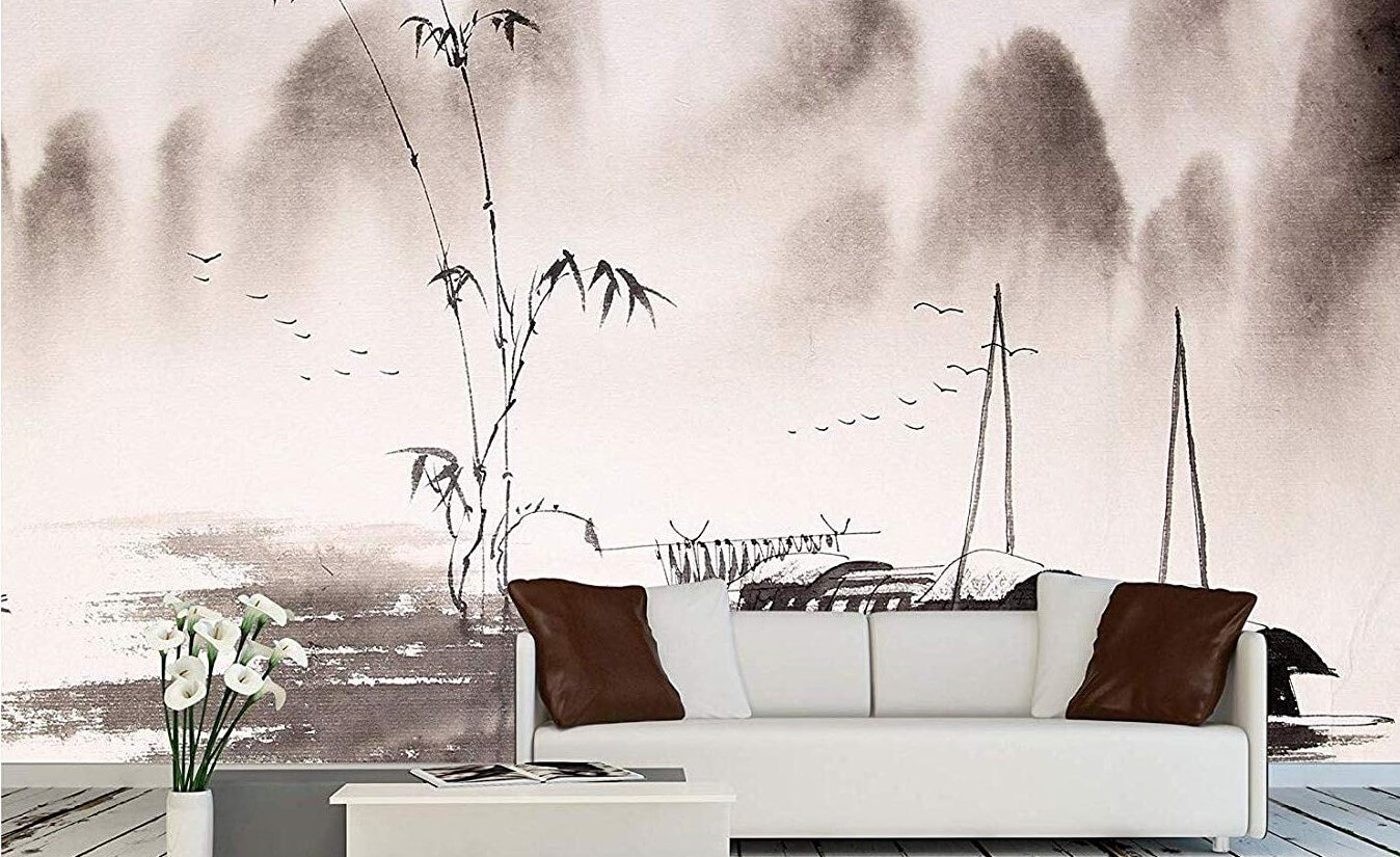 asian style with mist over vague mountains and the outlines of bamboo