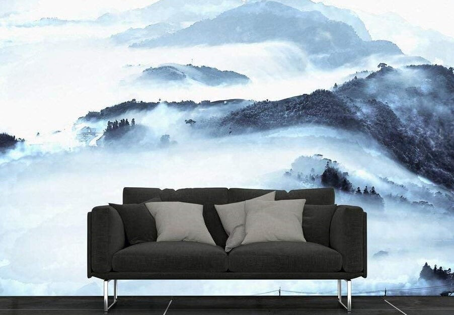 wall mural ideas that show mist over the mountains