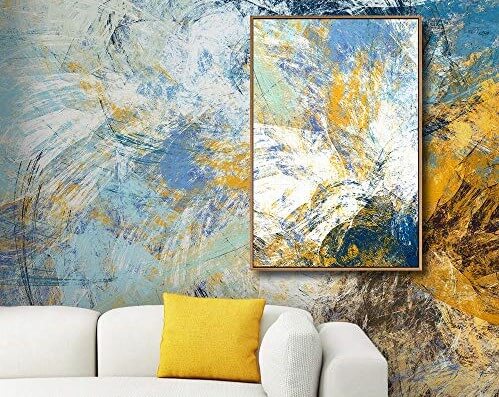 abstract art style mural with a framed print of the exact same image placed on the wall over the wall mural so that it fits in perfectly