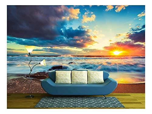 wall mural of sky and clouds behind couch