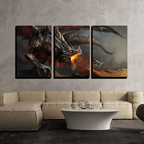 3 panel wall art of a dragon breathing fire at a knight