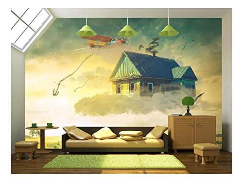 wall mural of a house floating on the clouds
