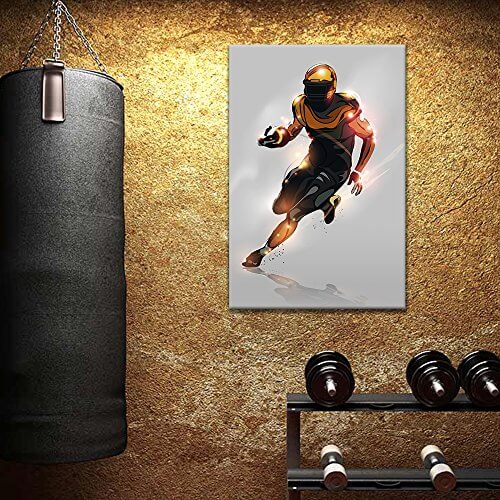 basement man cave ideas concept with football player wall art and weights