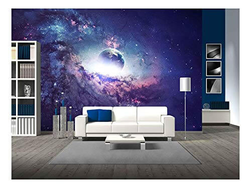 wall mural of amazing outer space scene with purple clouds surrounding a planet