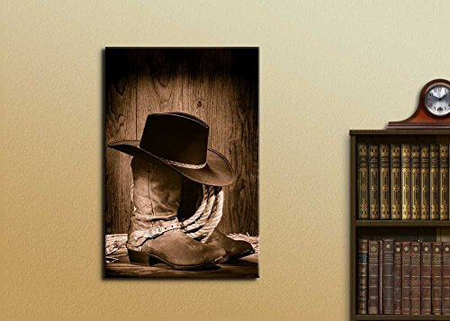 Wall art featuring a cowboy hat, cowboy boots and rope
