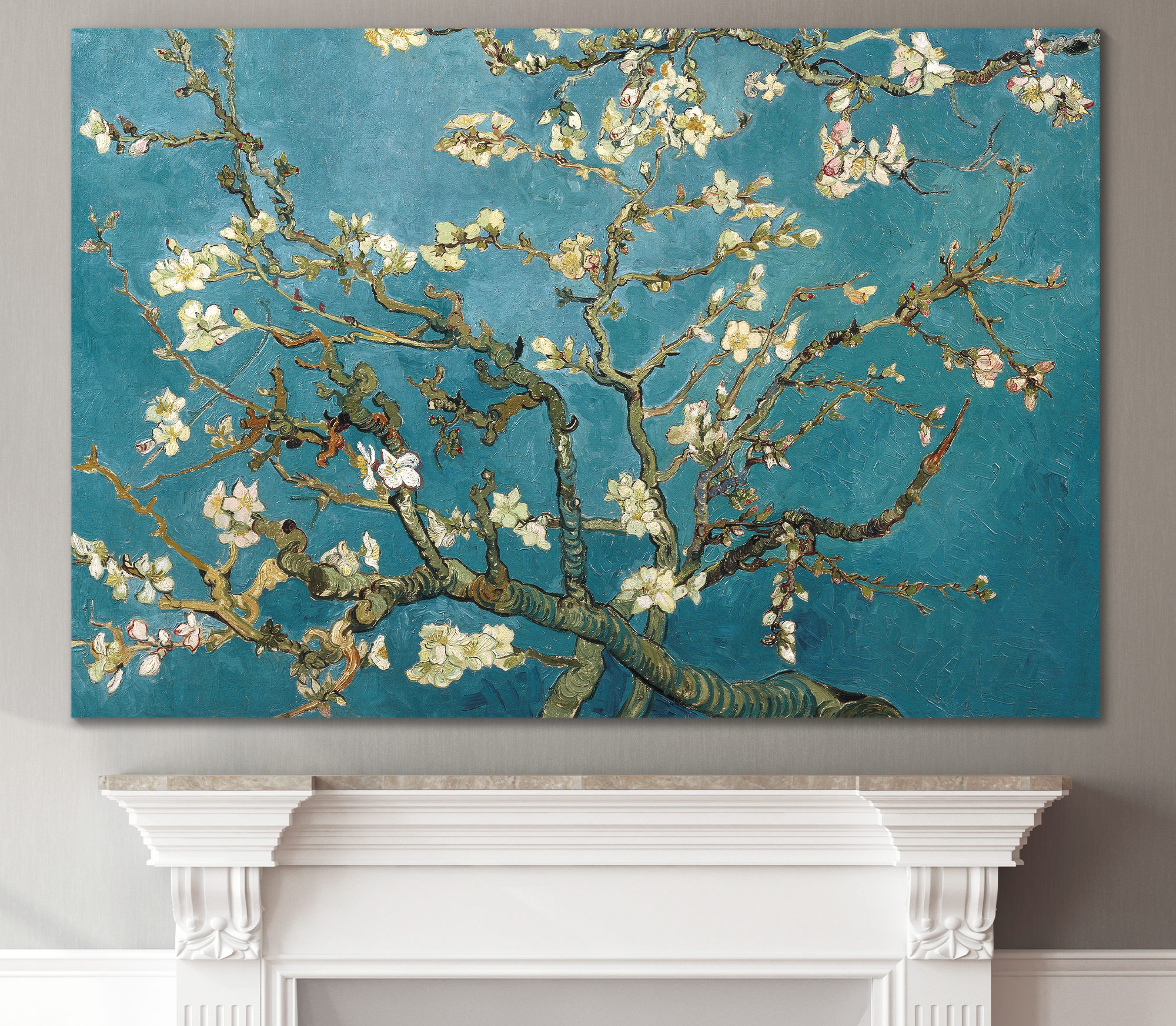 almond blossoms in 3 panels over a fireplace