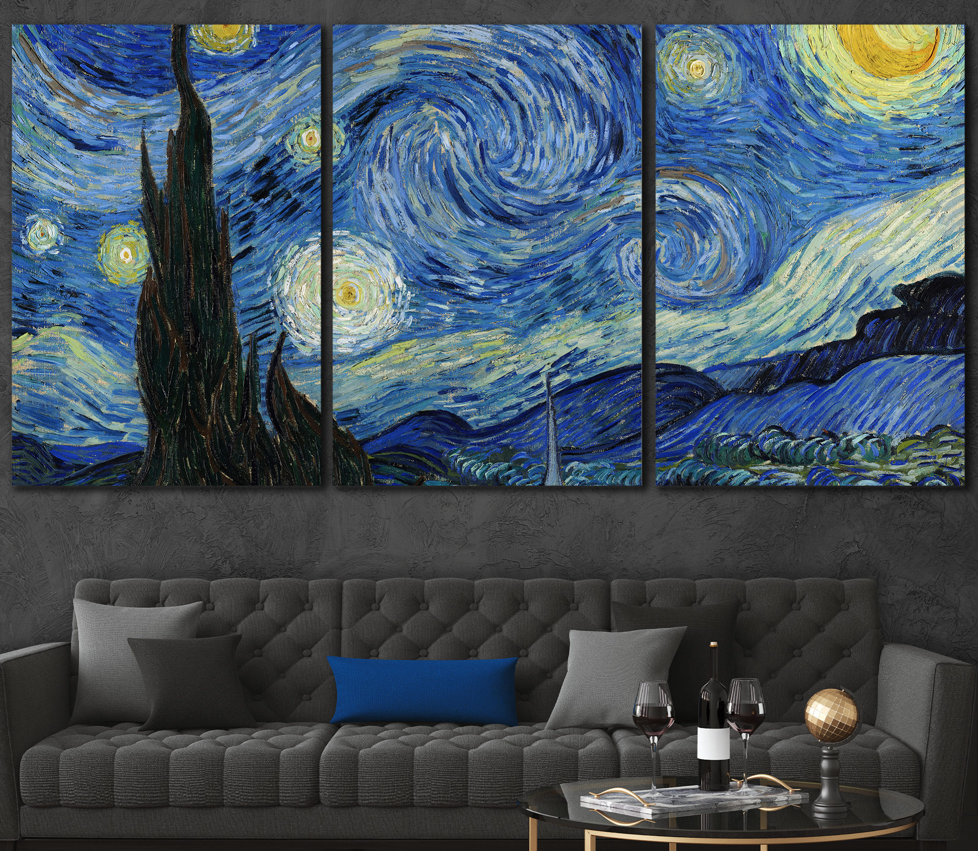 3 panel starry night over a gray couch depicting van gogh home decor