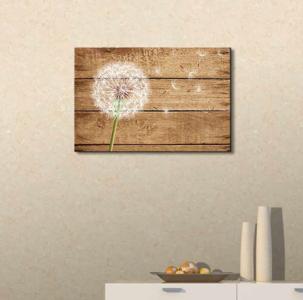 great artwork featuring dandelion on fake wood