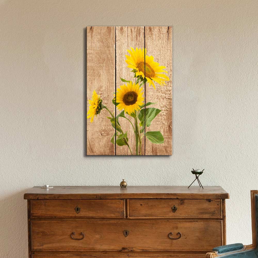 sunflowers on faux wood rustic flower wall decor