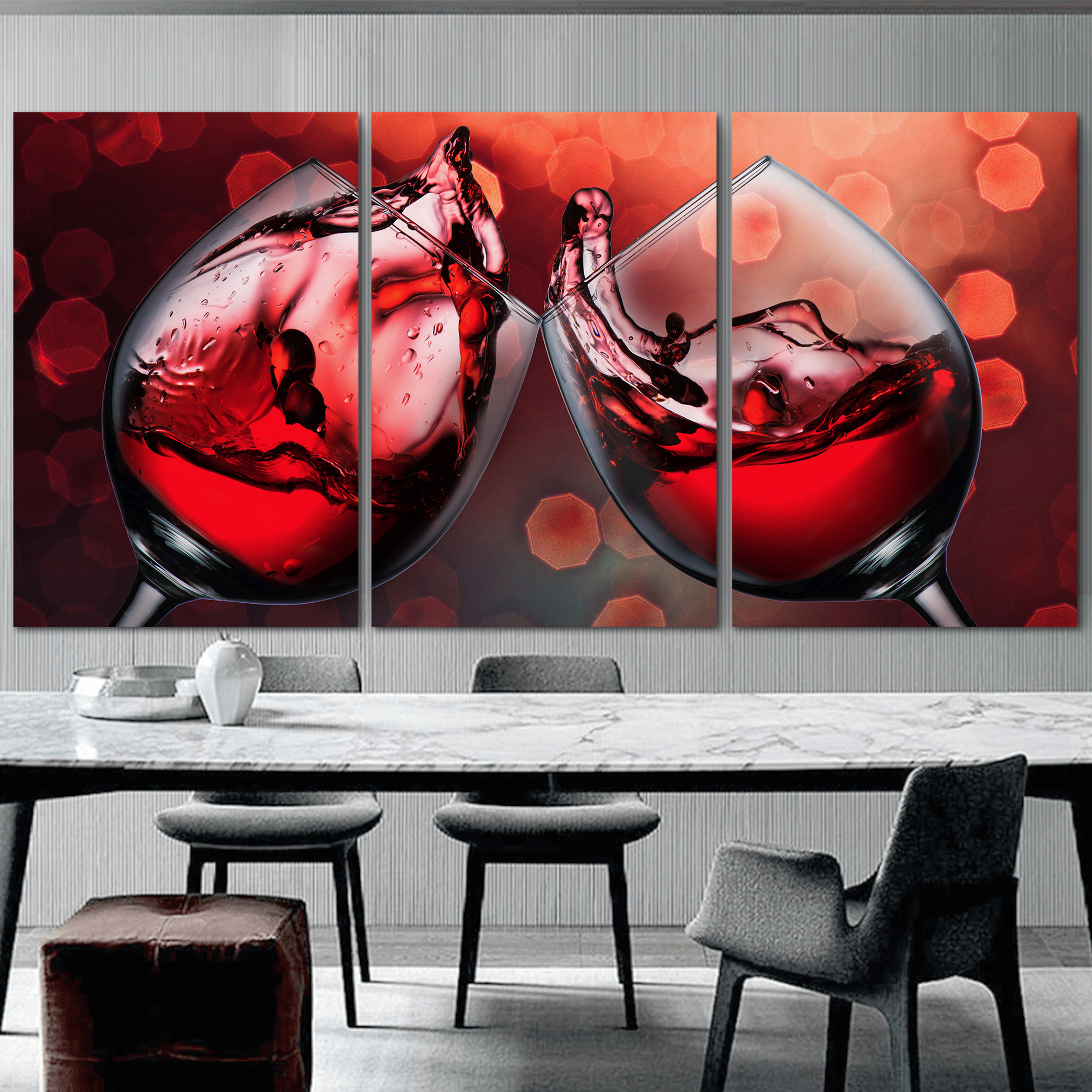 large glasses of wine featured in a 3 panel canvas
