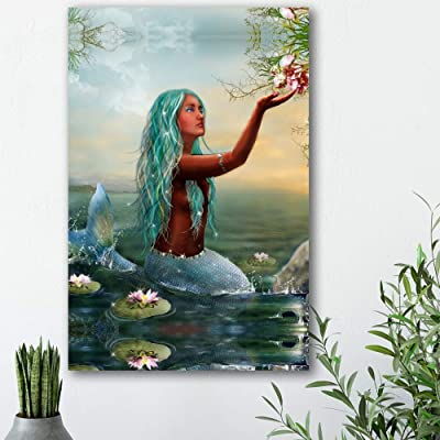 realistic mermaid art print on a rock