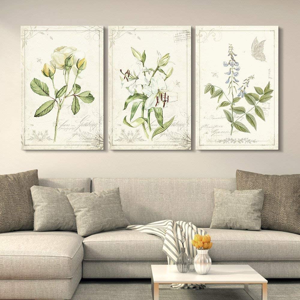 vintage prints over a couch for botanical decorating ideas