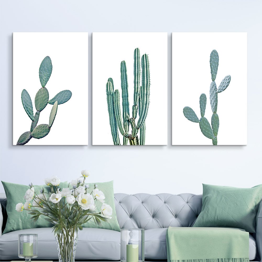 3 panel cactus art decor above a couch
