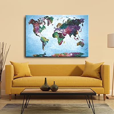 world map canvas art over a couch for wanderlust decor