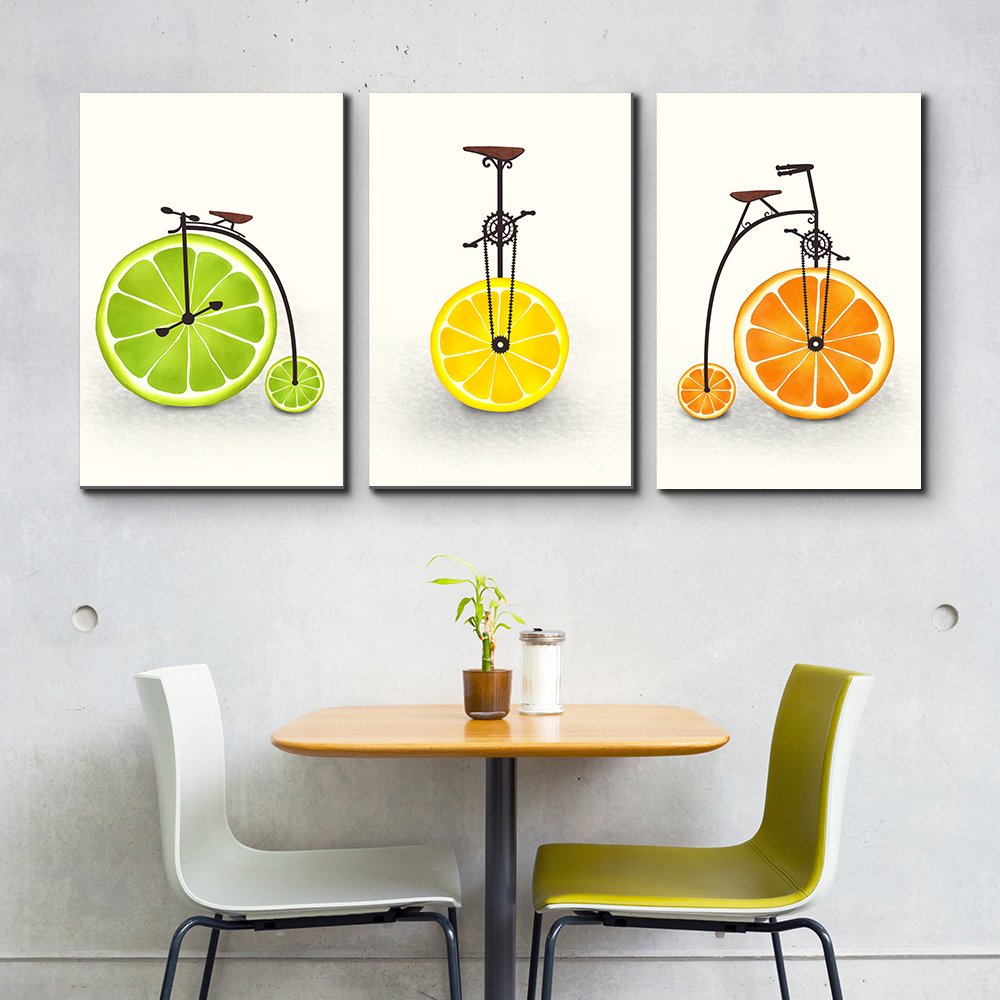fruit themed kitchen decor feauting bicycles with citrus slices as tires