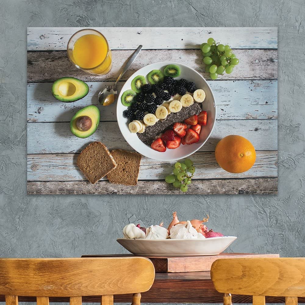 healthy breakfast wall art on a gray wall above a table