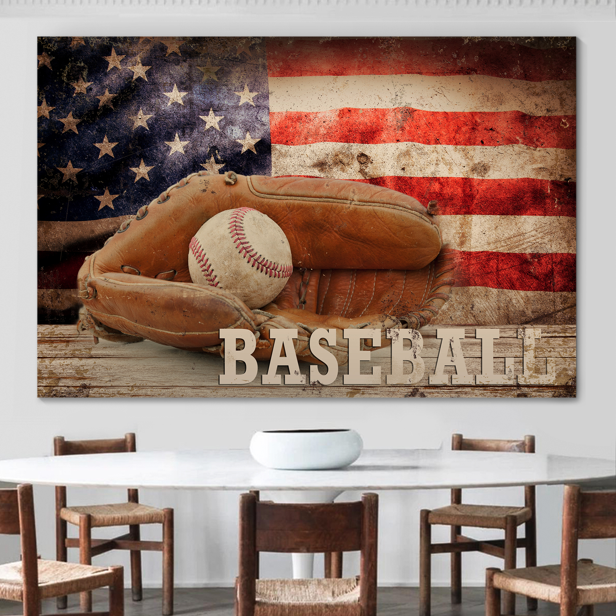 huge patriotic red, white and blue canvas featuring a baseball mitt with a ball in it over a kitchern table