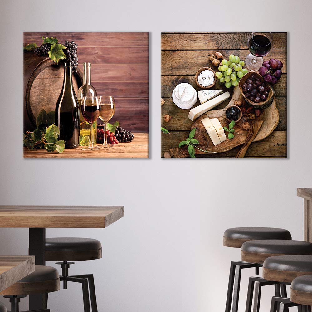 double canvas showing wine and grapes over a wooden bar for wine bar home decorating ideas