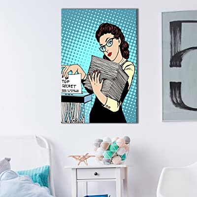 a comic book room decor of a woman putting a top secret page into a paper shreader