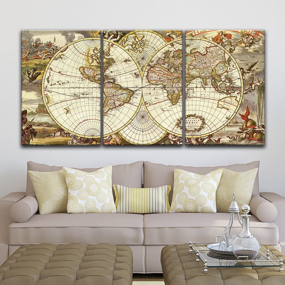 atlas style 3 panel canvas wall art over a leather couch