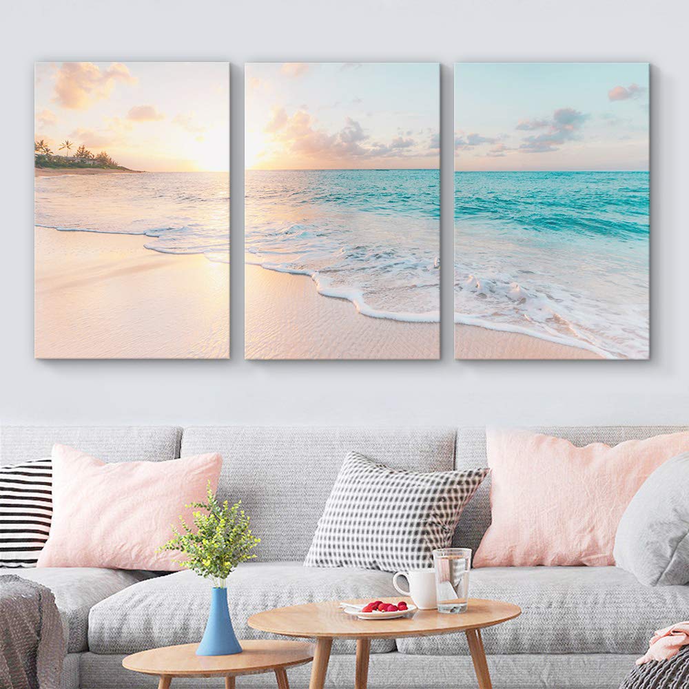 beautiful beach waves on a 3 panel canvas with matching pillows for a fancy living room