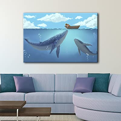whales interacting with a small boat with a child on it canvas art over room