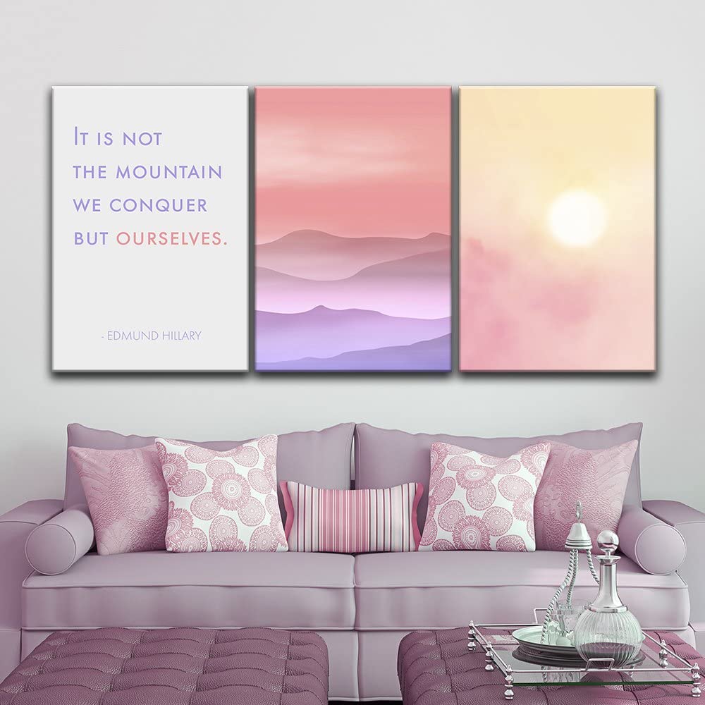 decorative art in 3 panels over a couch reminding you to conquer yourself