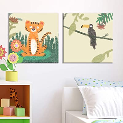 kids canvas jungle art featuring a lion and a toucan