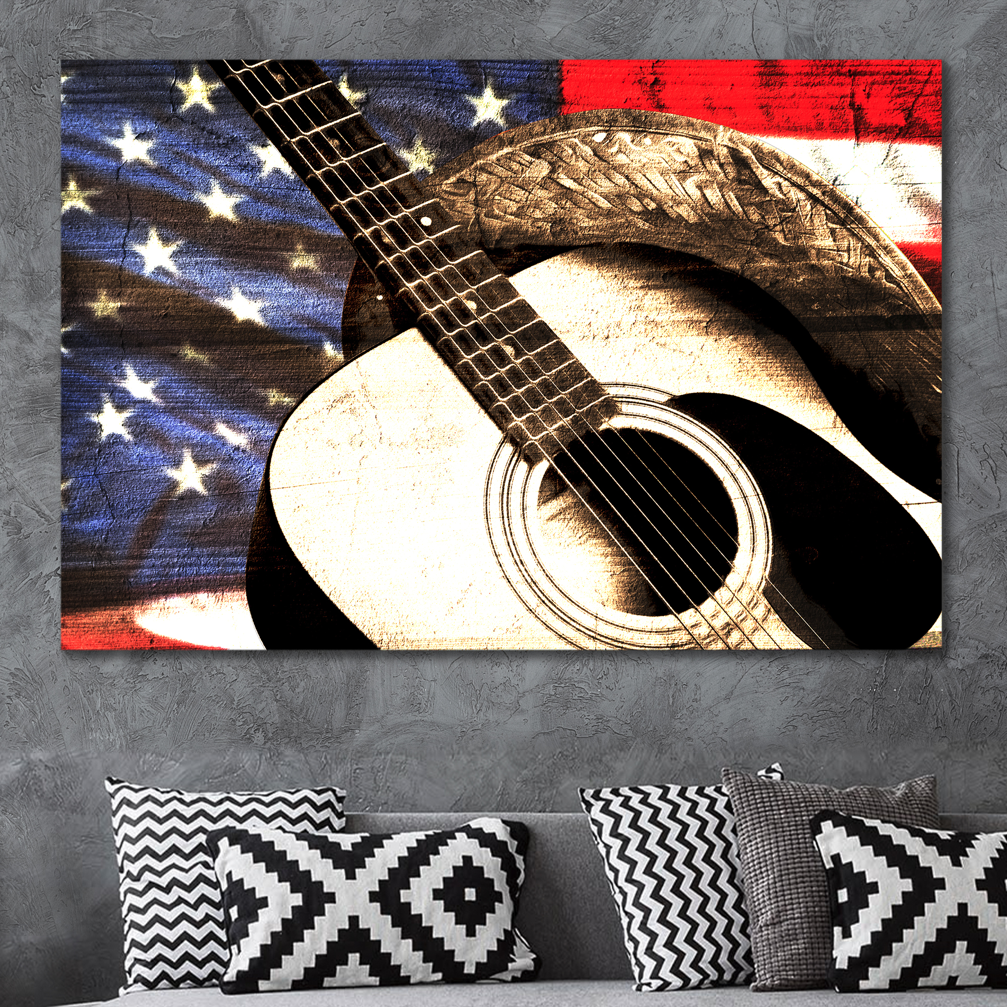 Rustic American style country pride american flag and guitar music decor ideas
