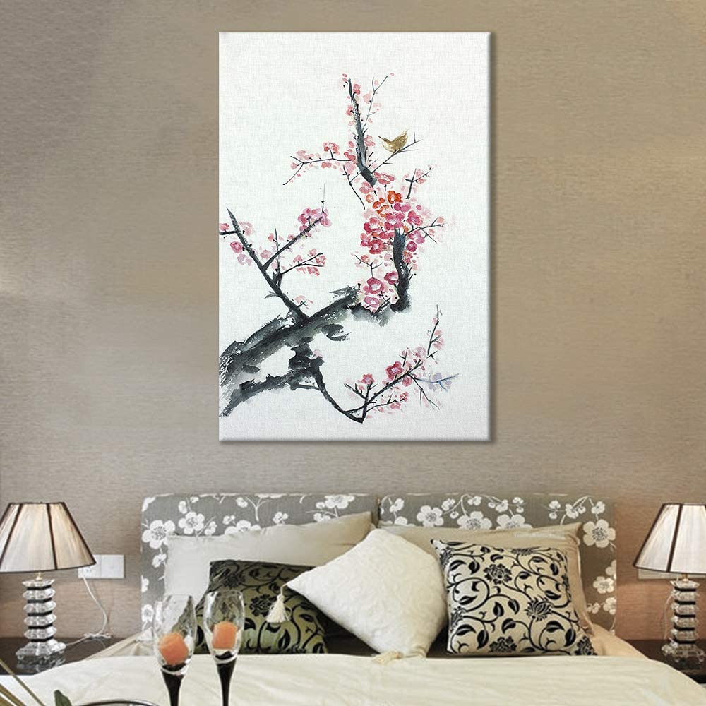 a little yellow bird on a cherry blossom tree as oriental bedroom decor