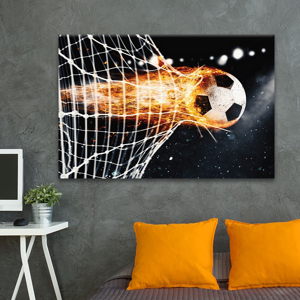 a flaming soccer ball going through a net as soccer bedroom decor