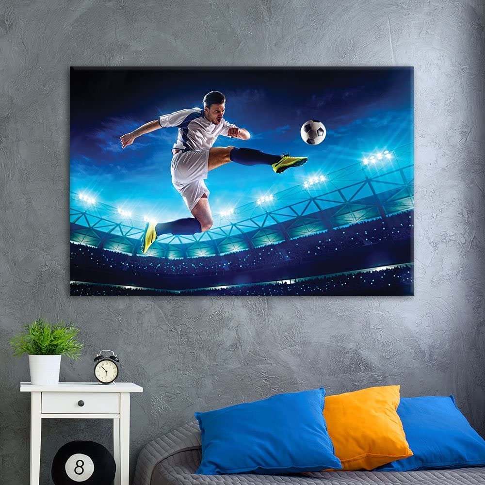 a soccer canvas featuring a player jumping and kicking a ball on the wall in a bedroom