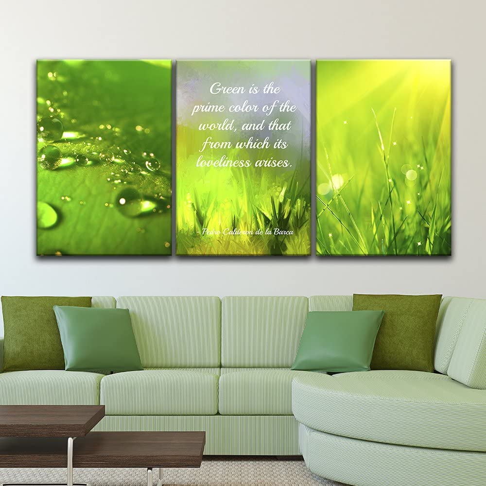nature green 3 panel art featuring leaves, dew, grass and flowers with a quote