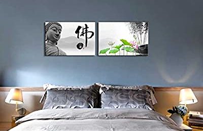 2 panel canvas art featuring the Buddha, a chinese character and lotus flowers