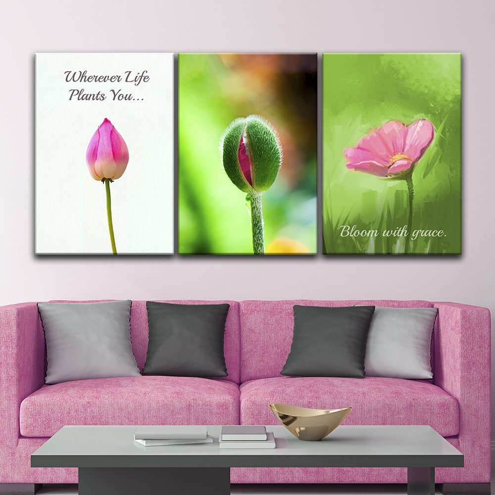 3 panel canvas art showing the 3 different stages of a blooming flower
