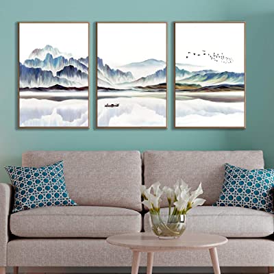 abstract style print of snow covered mountains in a living room