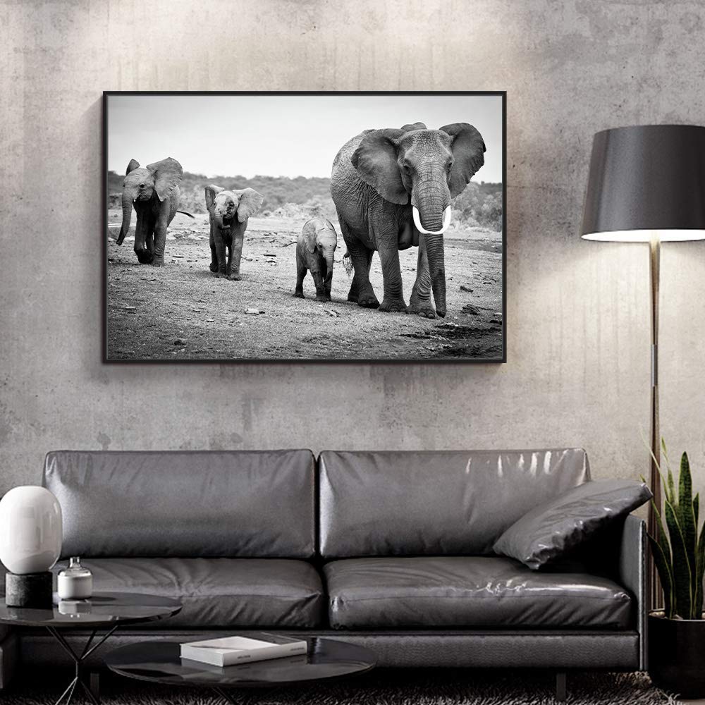 an elephant family in black and white art