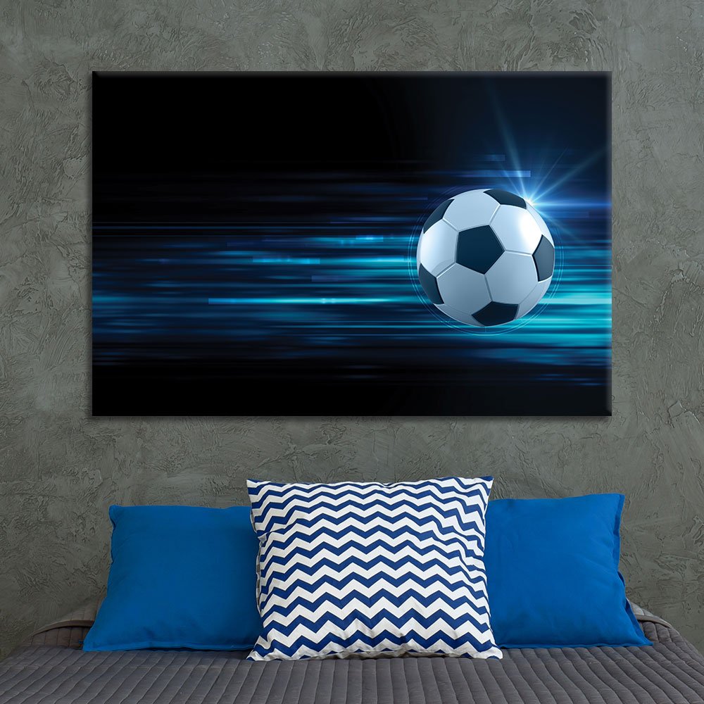 blue canvas with flying soccer ball