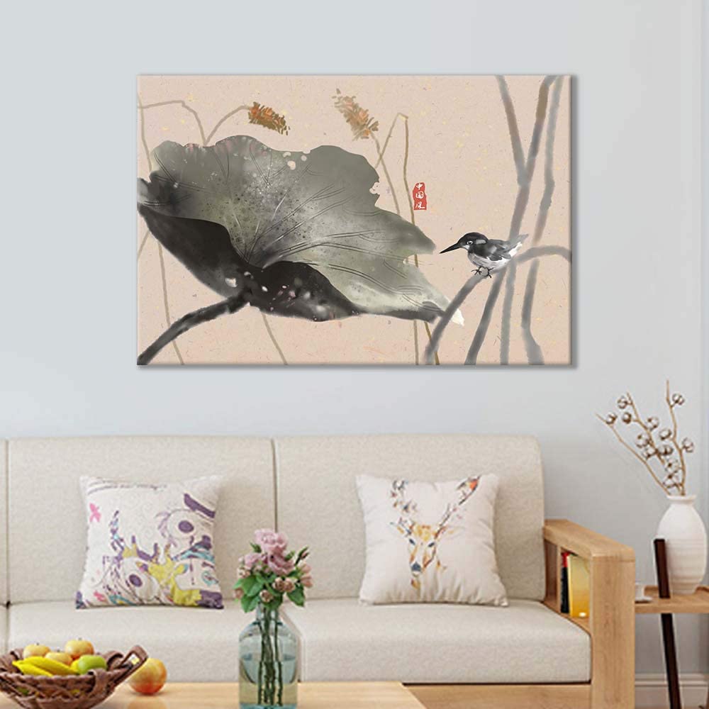 smal bird with a long beak about to drink nectar from a flower on canvas on a wall