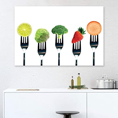 good white canvas art in a kitchen featuring forks with fruit and vegtables on each one itself
