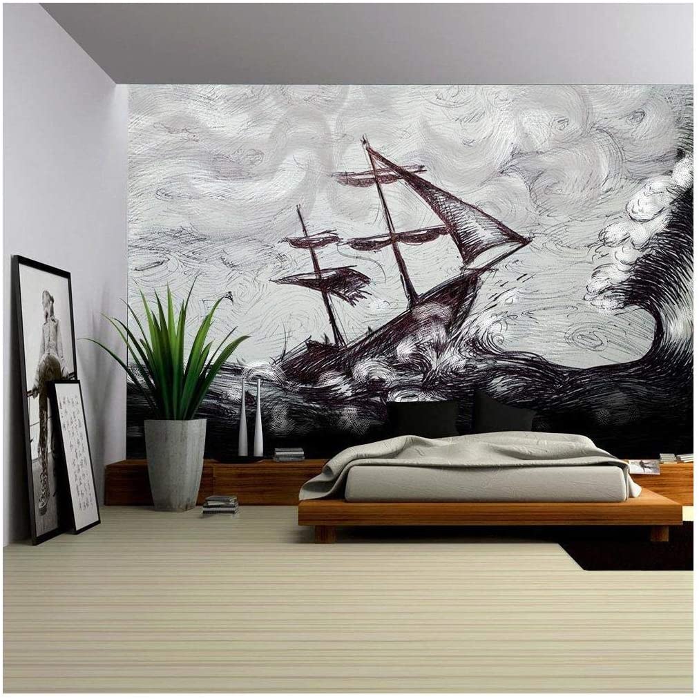 raging sea ship mural
