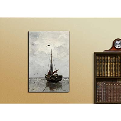 old school boat on a beach on canvas next to a bookshelf with a clock