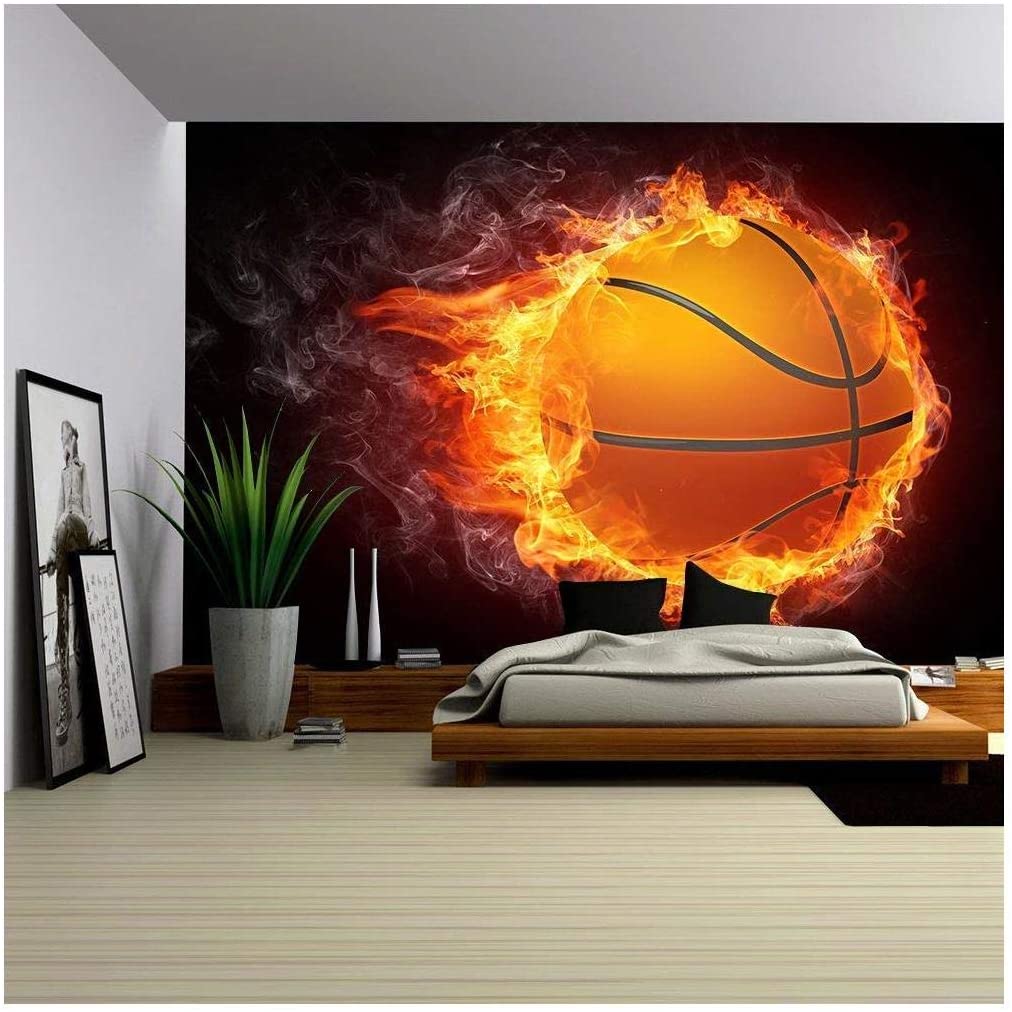 flaming basketball room mural